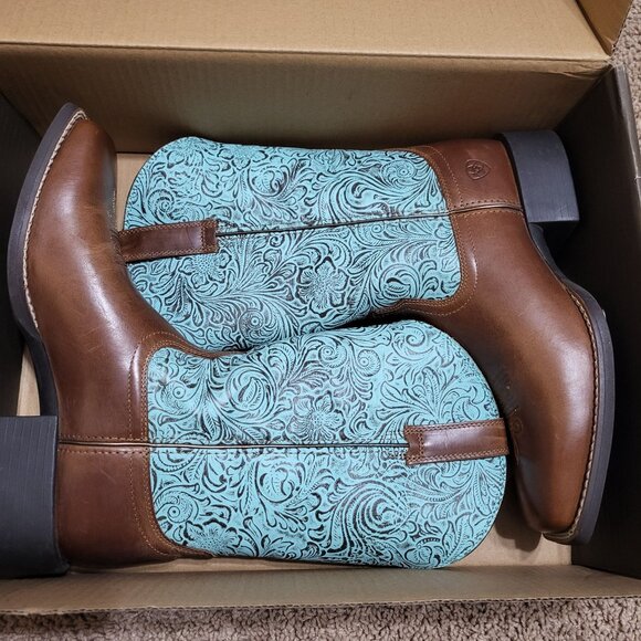 Women Ariat Round Up Wide Square Toe Beduino Brown Turquoise Floral Embossed 9.5 - Picture 15 of 15